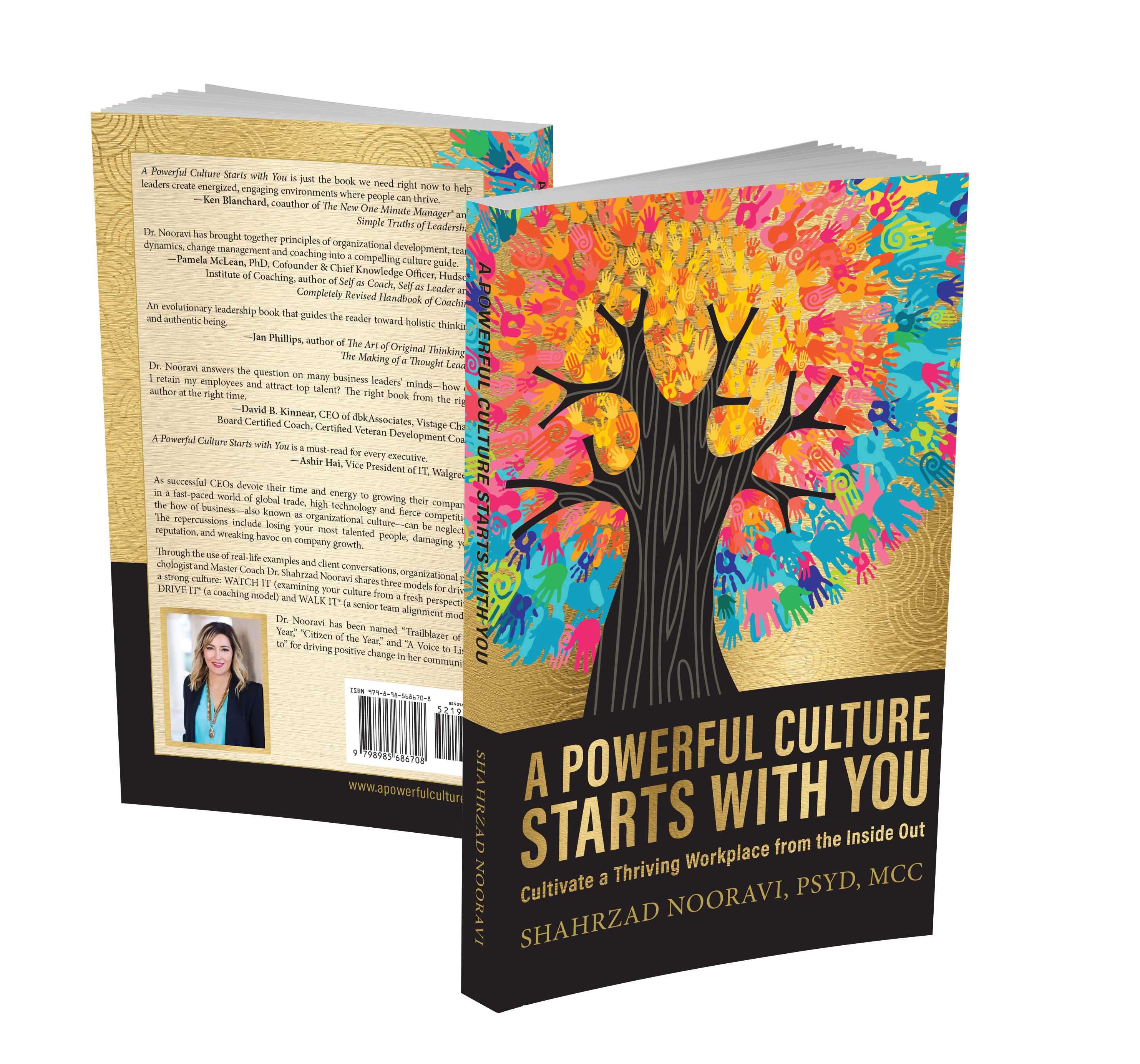 A Powerful Culture Starts with Book Book Image - Tree with colorful handprints as leaves. Gold background.