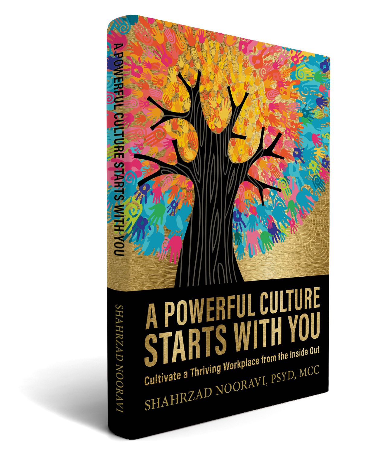 A Powerful Culture Starts with Book Book Image - Tree with colorful handprints as leaves. Gold background.